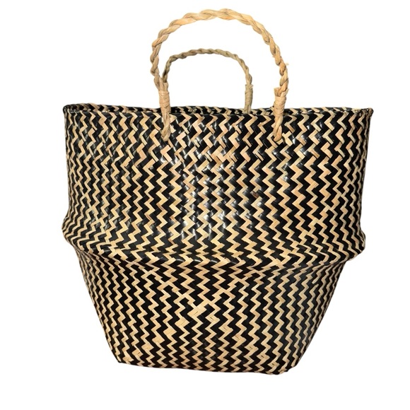 Handwoven Black & Natural Zigzag Basket Tote – 12”x 32.5”w/ 11” Handles - Picture 2 of 6